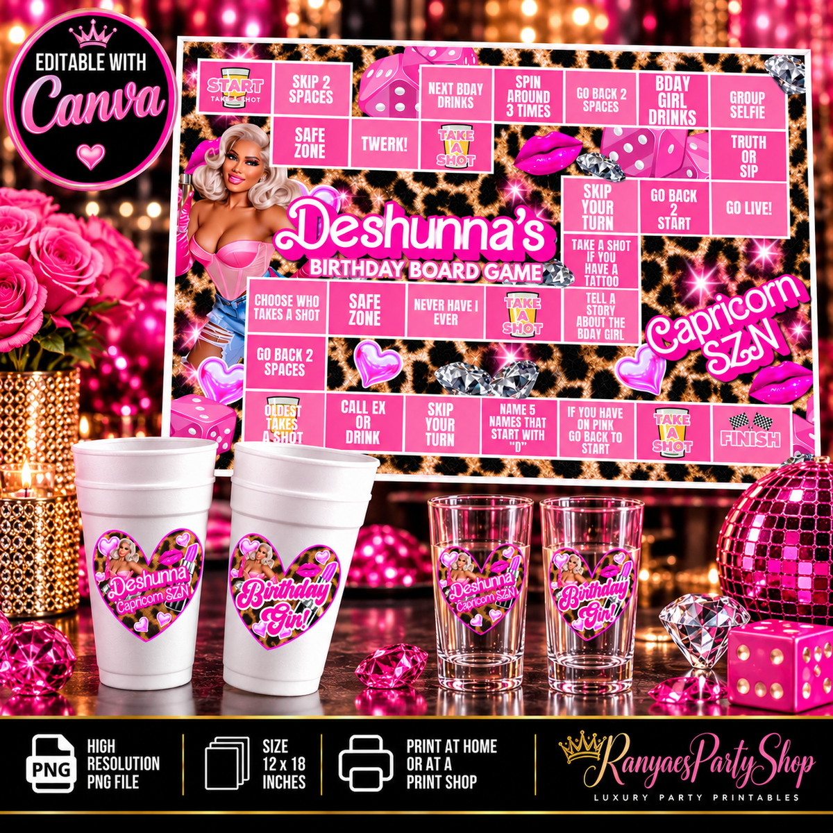Pink Cheetah Birthday Game Board Set | Editable Canva Game Template | Adult Custom Party Items | 12x18 Game Board