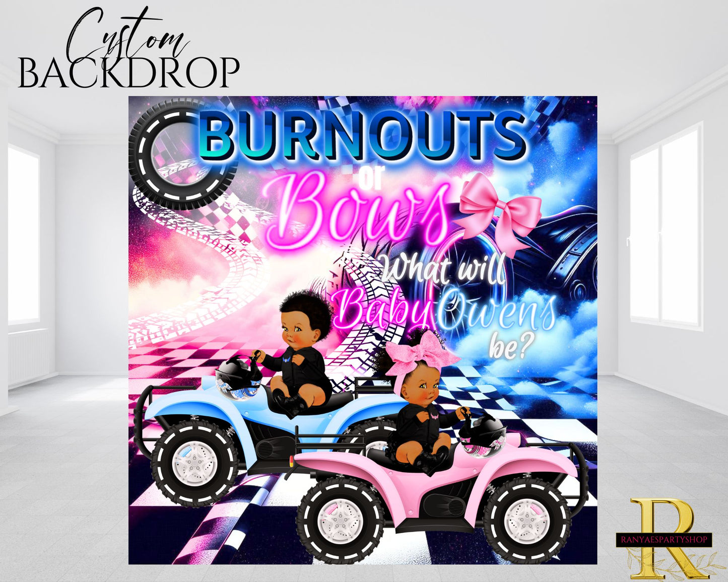 Burnouts or Bows Gender Reveal Backdrop | Gender Reveal Banner | Gender Reveal Backdrop | Gender Reveal Decorations