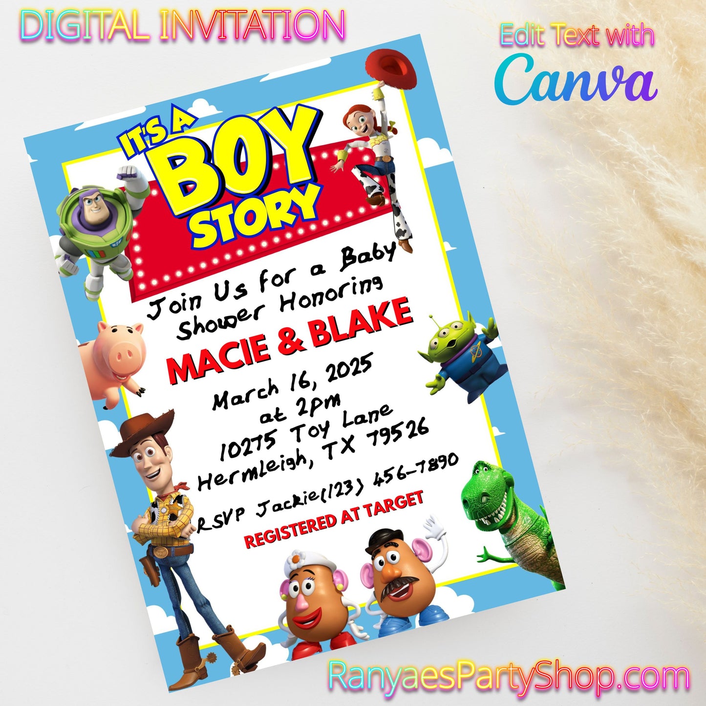 Boy Story 5x7 Digital Invitation | Boy Story Baby Shower Invite | Edit Text with Canva | Digital File Only
