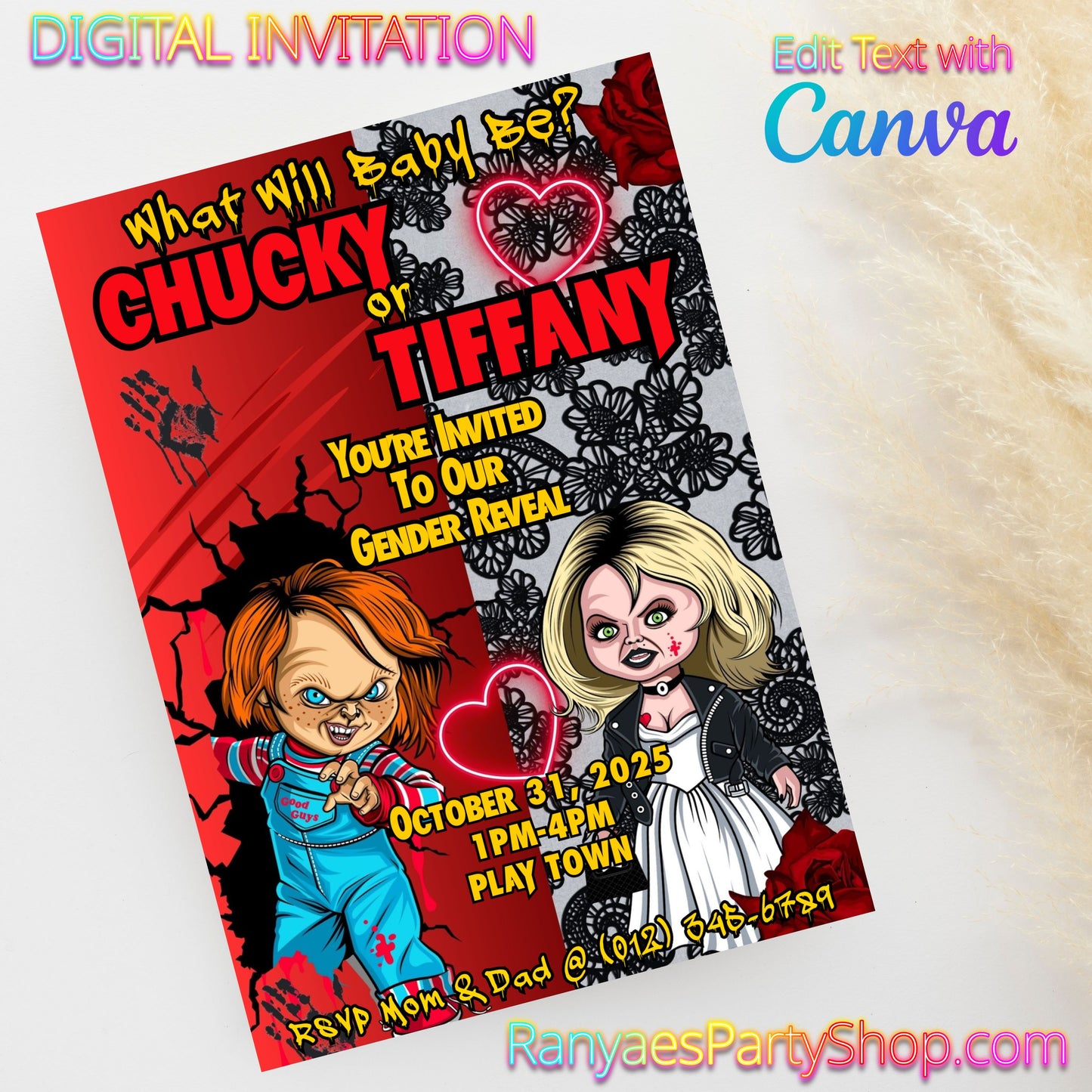 Chucky or Tiffany 5x7 Digital Invitation | Chucky or Tiffany Gender Reveal Invite | Edit Text with Canva | Digital File Only
