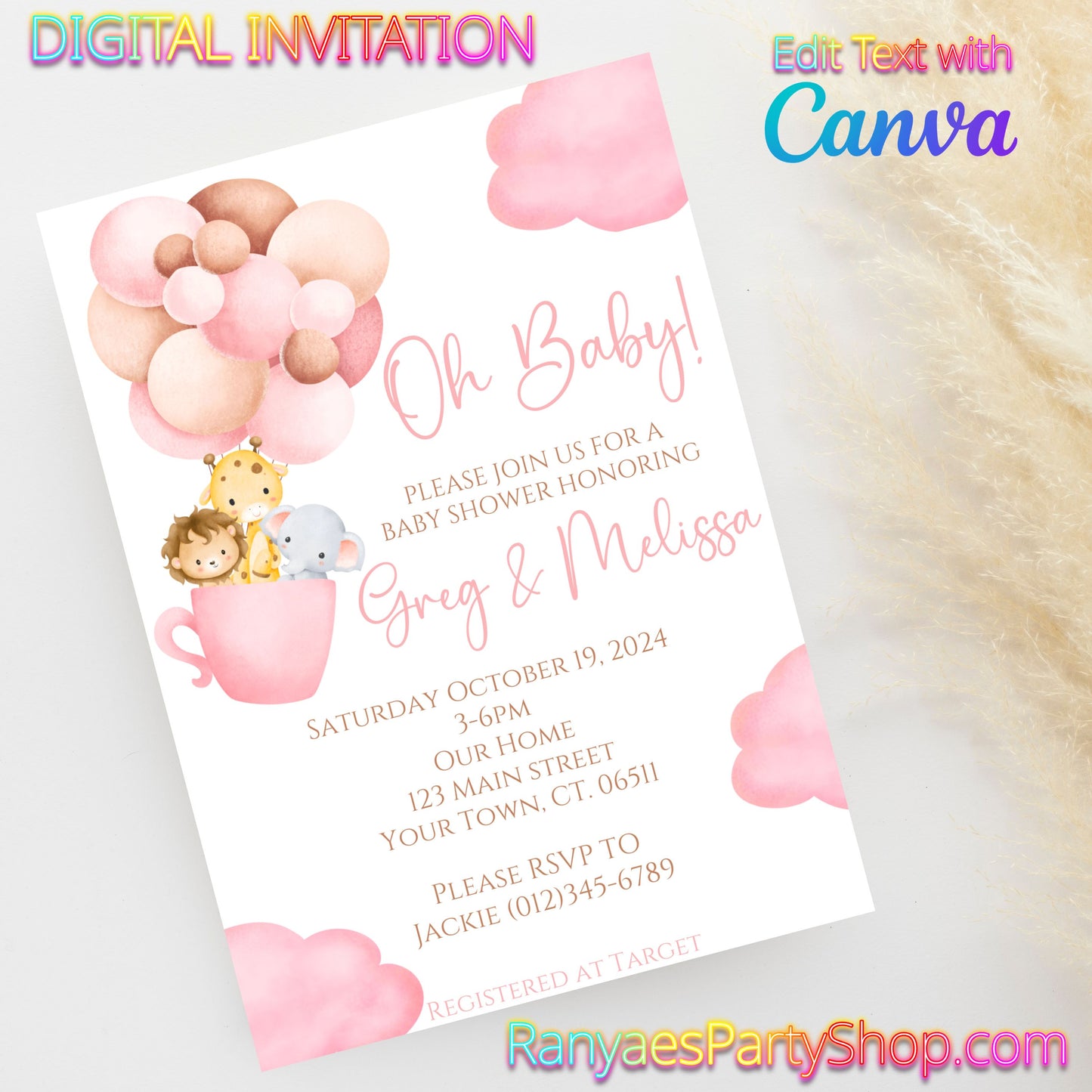 Baby Girl Safari 5x7 Digital Invitation | Safari Baby Shower Invite | Edit Text with Canva | Digital File Only