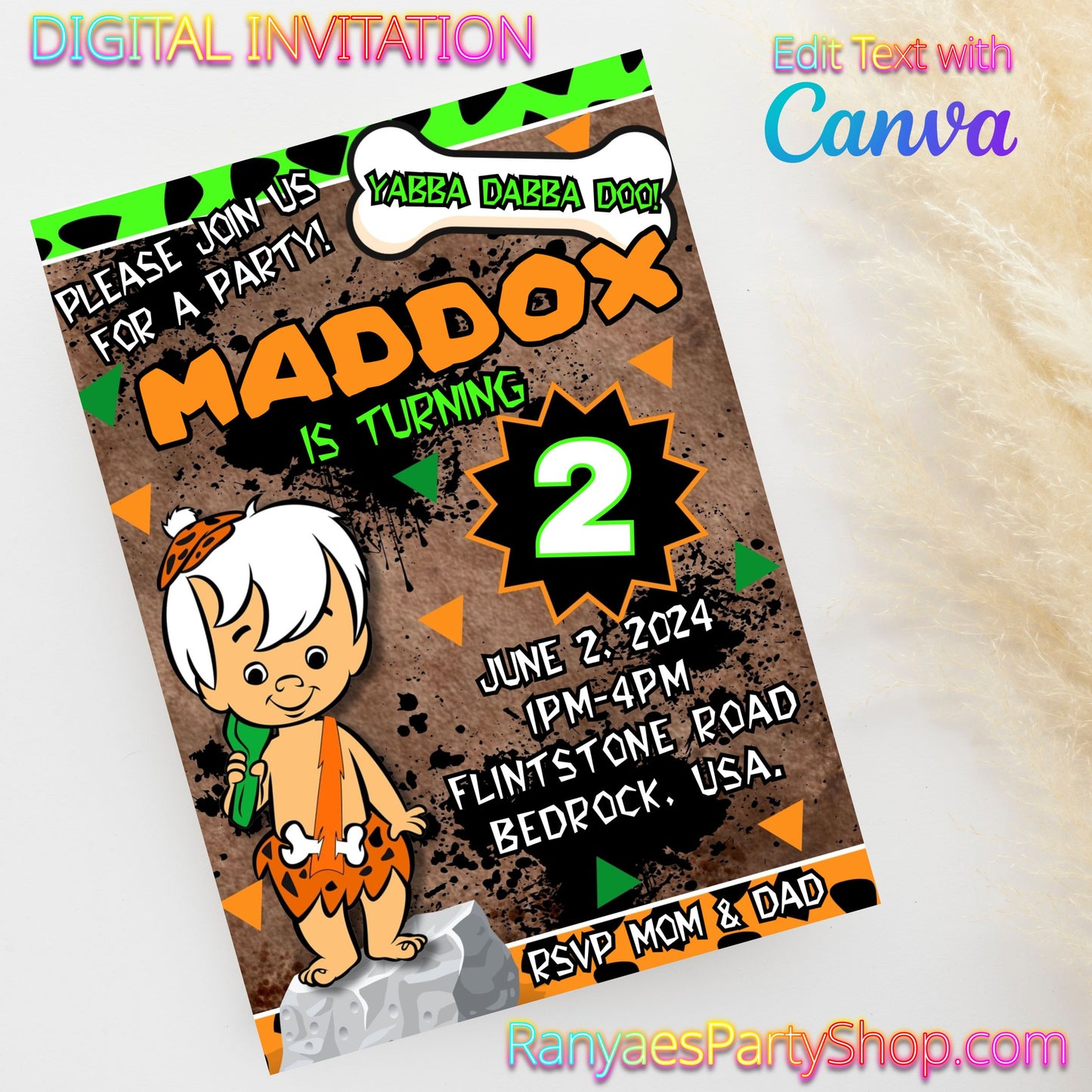 Bam Bam 5x7 Digital Invitation | Bam Bam Party Invite | Edit Text with Canva | Birthday Party Invitation | Digital File Only