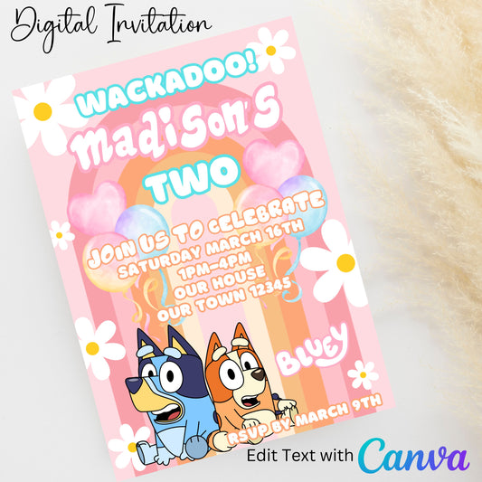 Bluey Pink 5x7 Digital Invitation | Editable Text with  Canva | You Save | You Download | You Print | Digital File Only