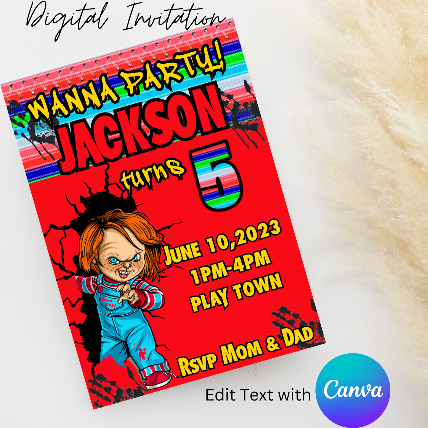 Chucky Child's Play 5x7 Digital Invitation | Editable Text with Canva | You Save | You Download | You Print | DIGITAL FILE ONLY