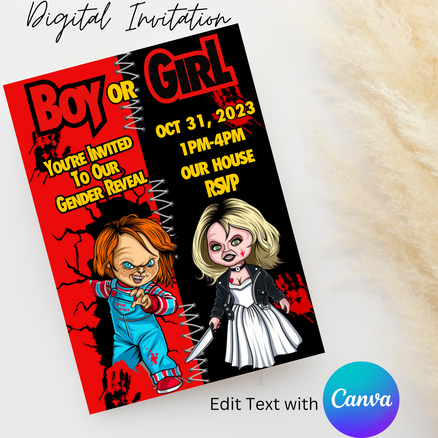 Chucky or Tiffany Child's Play 5x7 Digital Invitation | Editable Text with Canva | You Save | You Download | You Print | DIGITAL FILE ONLY
