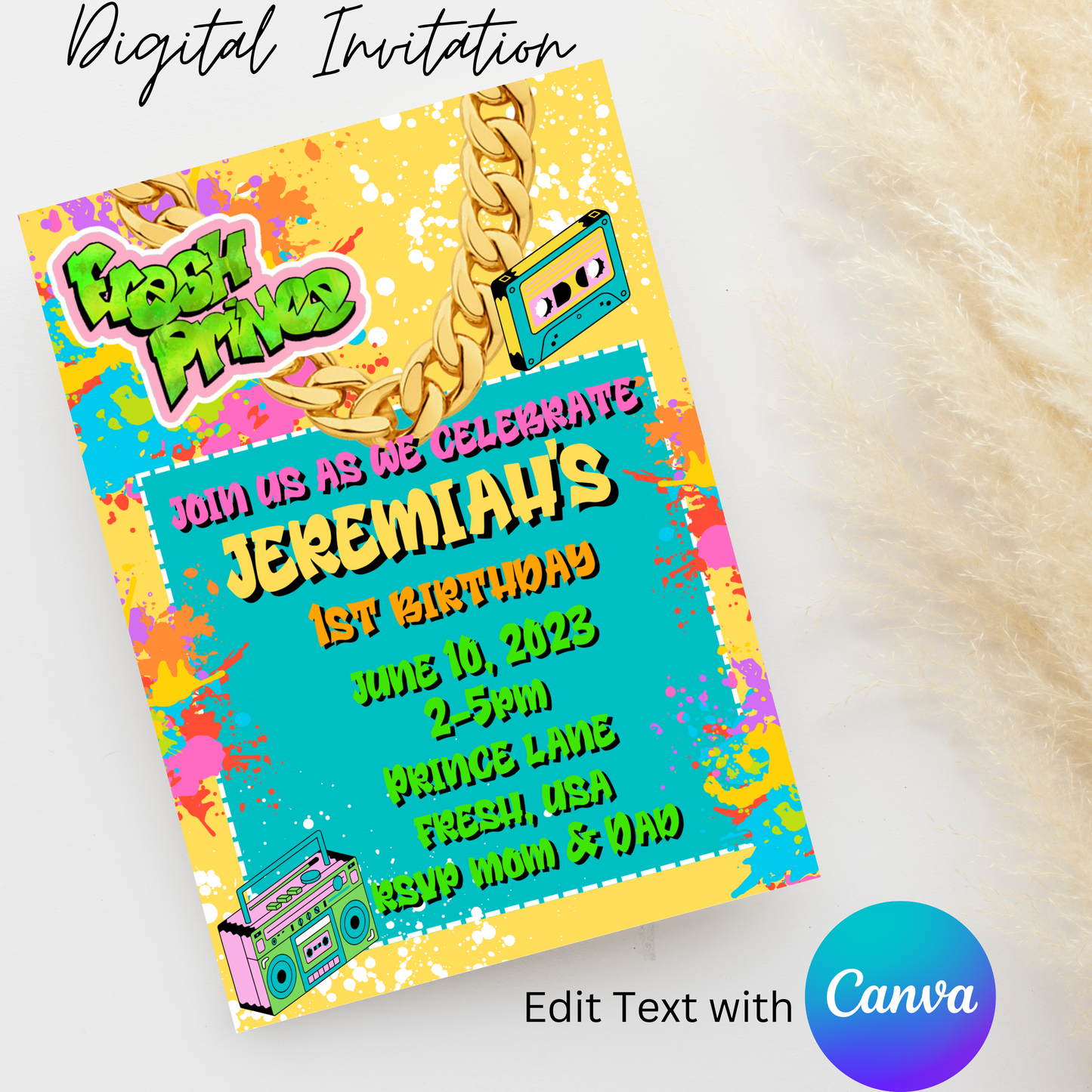Fresh Prince 5x7 Digital Invitation | Editable Text with Canva | You Save | You Download | You Print | DIGITAL FILE ONLY