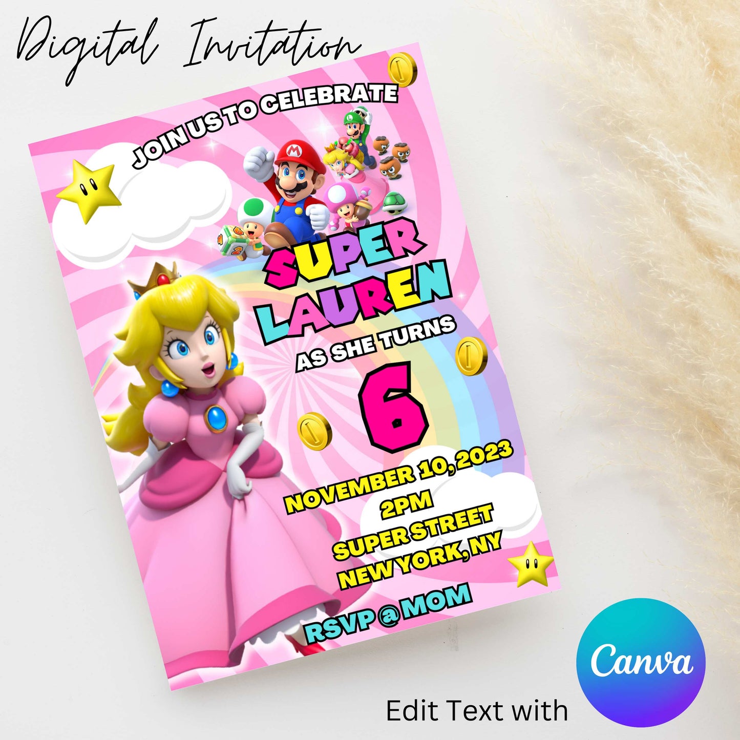 Princess Peach 5x7 Digital Invitation | Editable Text with Canva | You Save | You Download | You Print | Digital File Only