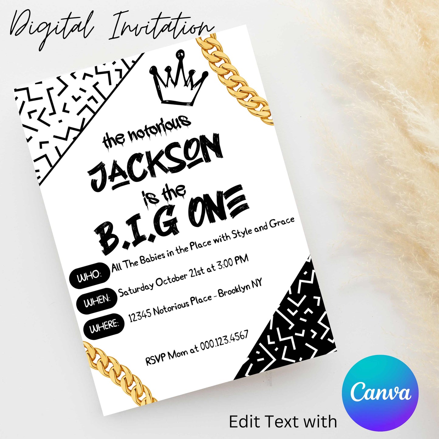 The Big One 5x7 Digital Invitation | Editable Text with Canva | You Save | You Download | You Print | Digital File Only