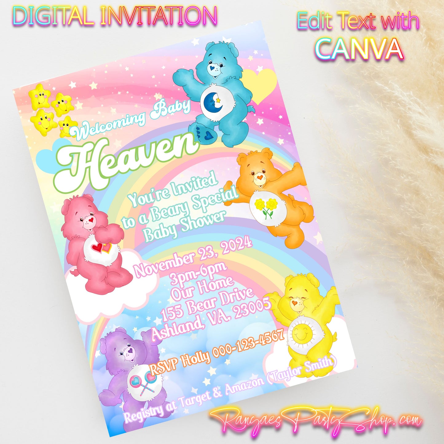 Care Bear Pastel 5x7 Digital Invitation | Care Bears Baby Shower | Care Bears Birthday | Edit Text with Canva | Digital File Only