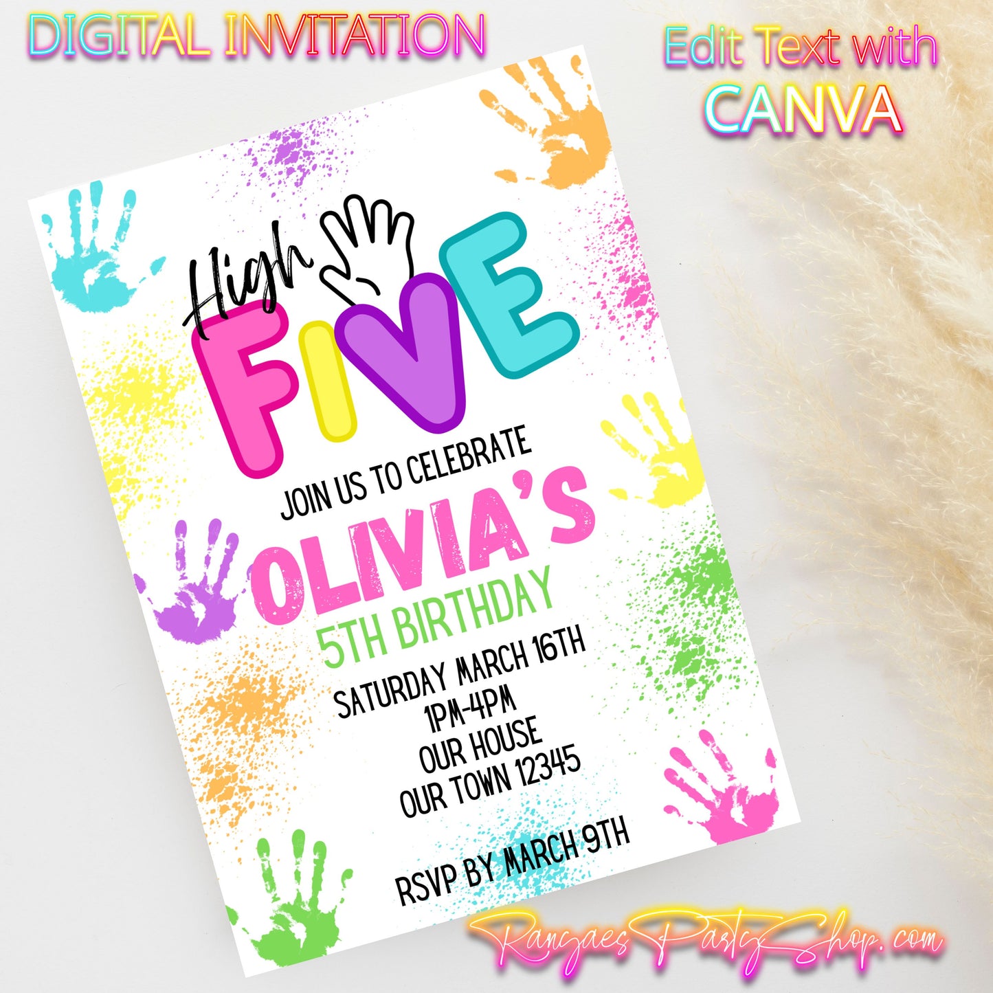 High Five 5x7 Digital Invitation | High 5 Party Invite | Edit Text with Canva | Birthday Party Invitation | Digital File Only