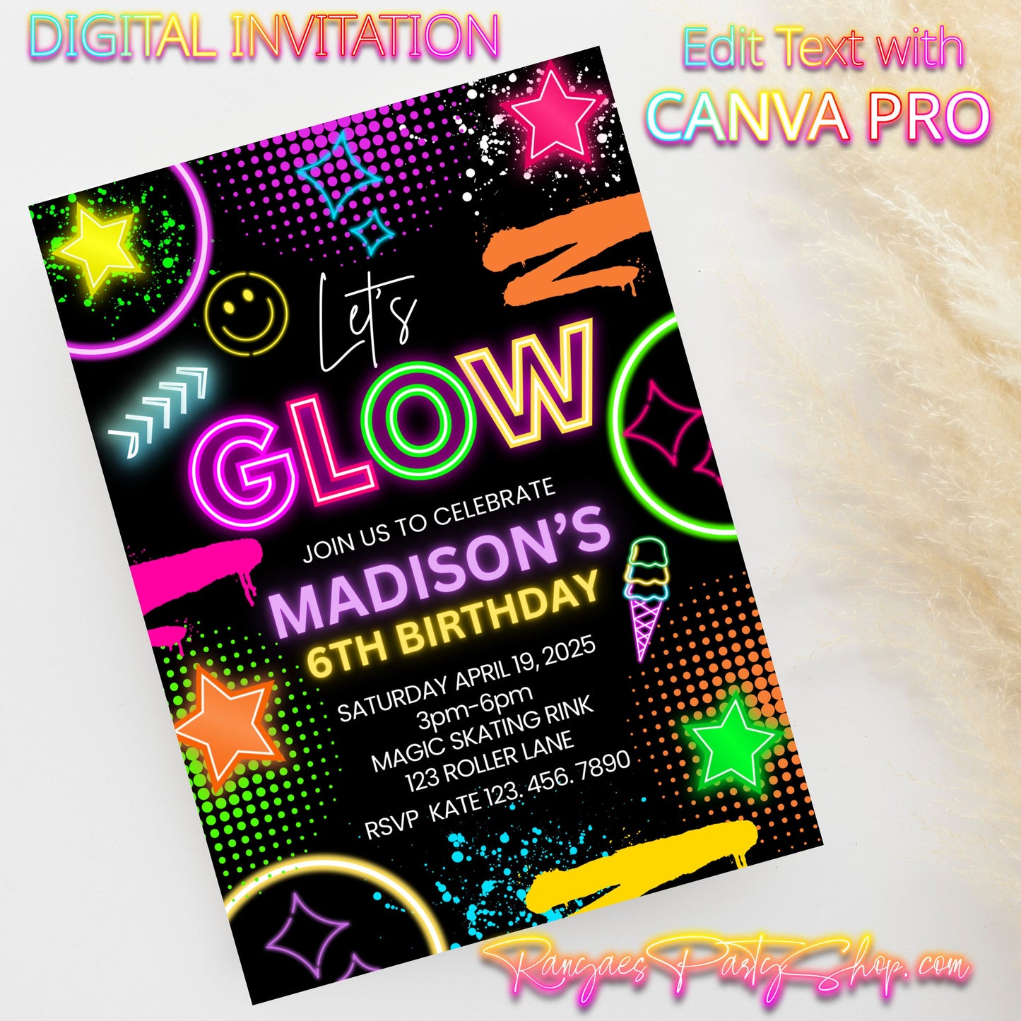 Glow Party 5x7 Digital Invitation | Let's Glow Party Invite | Edit Text with CANVA PRO | Birthday Party Invitation | Digital File Only