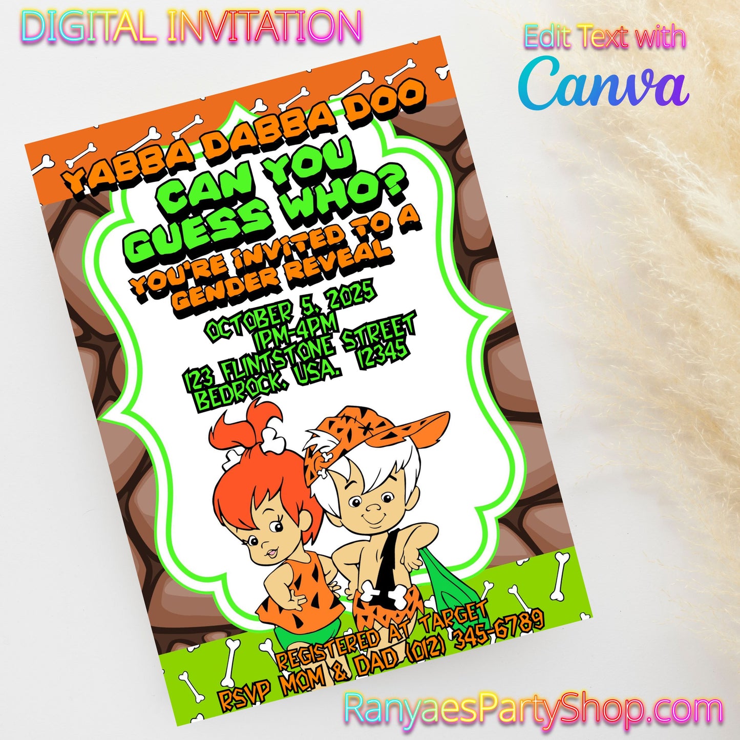 Bam Bam or Pebbles 5x7 Digital Invitation | Gender Reveal Invitation | Bam Bam or Pebbles | Edit Text with Canva | Digital File Only
