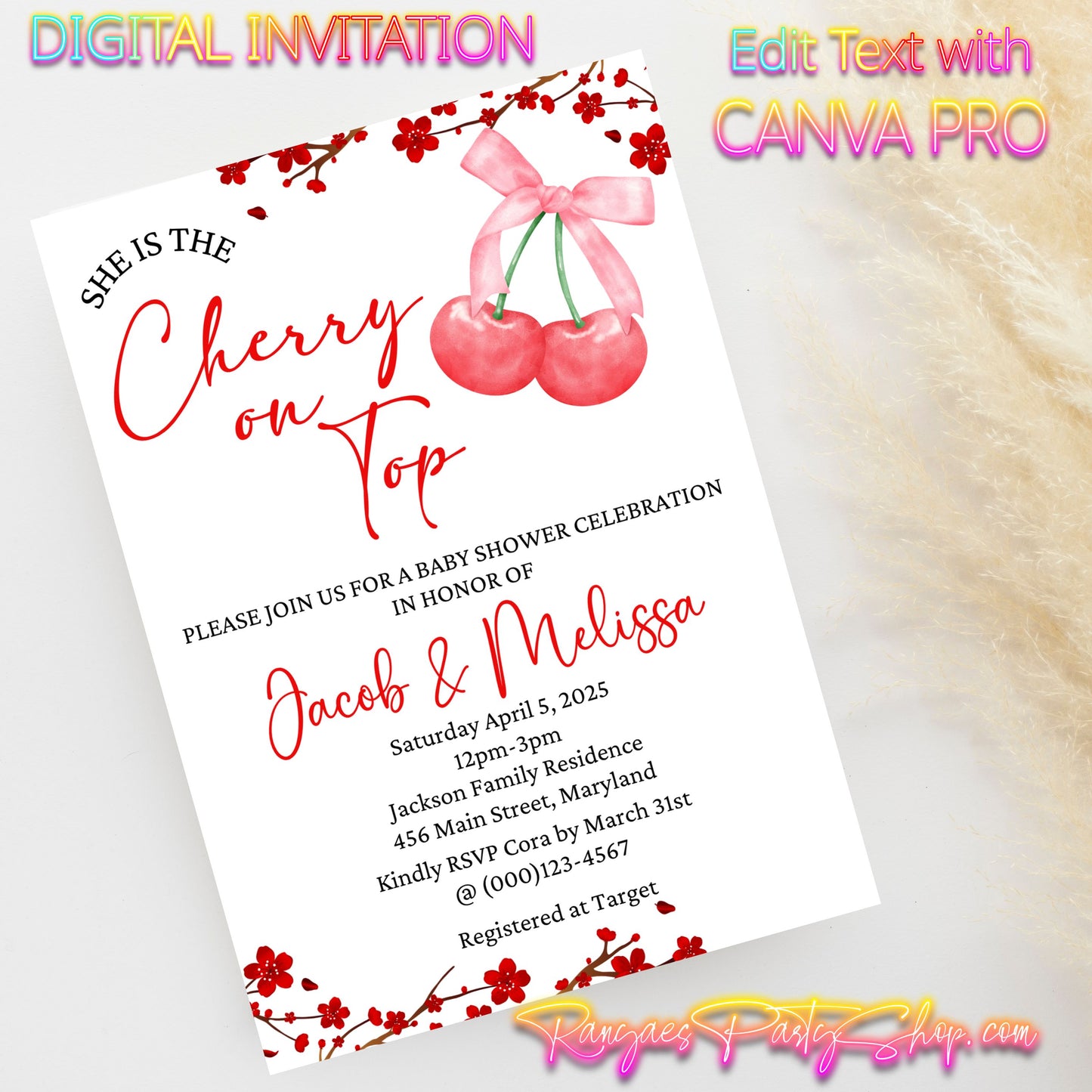 She's the Cherry on Top 5x7 Digital Invitation | Cherry on Top Baby Shower Invite | Edit Text with CANVA PRO | Baby Shower Invitation | Digital File Only