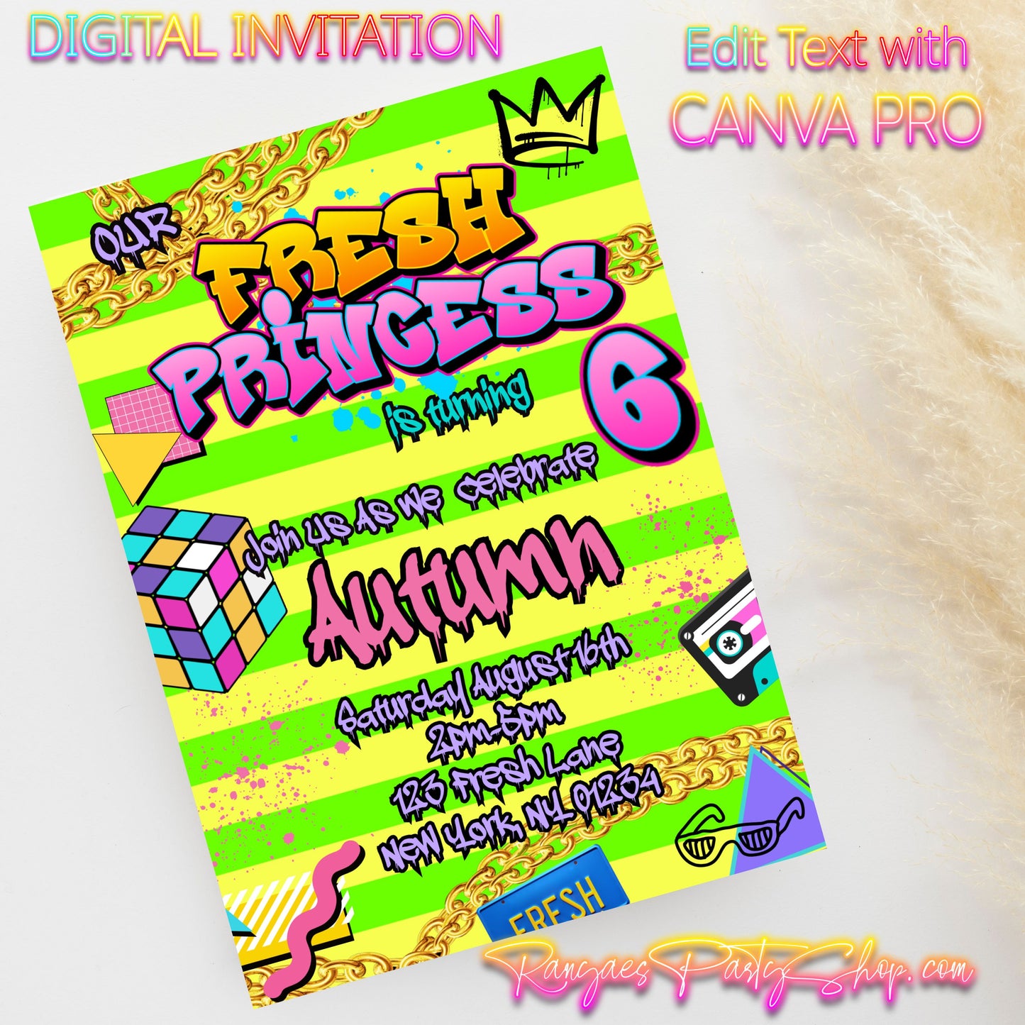Fresh Princess 5x7 Digital Invitation | Fresh Princess Party Invite | Edit Text with CANVA PRO | Birthday Party Invitation | Digital File Only