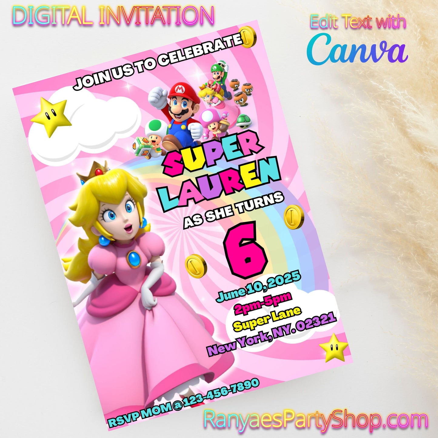 Princess Peach 5x7 Digital Invitation | Princess Peach Party Invite | Edit Text with Canva | Birthday Party Invitation | Digital File Only