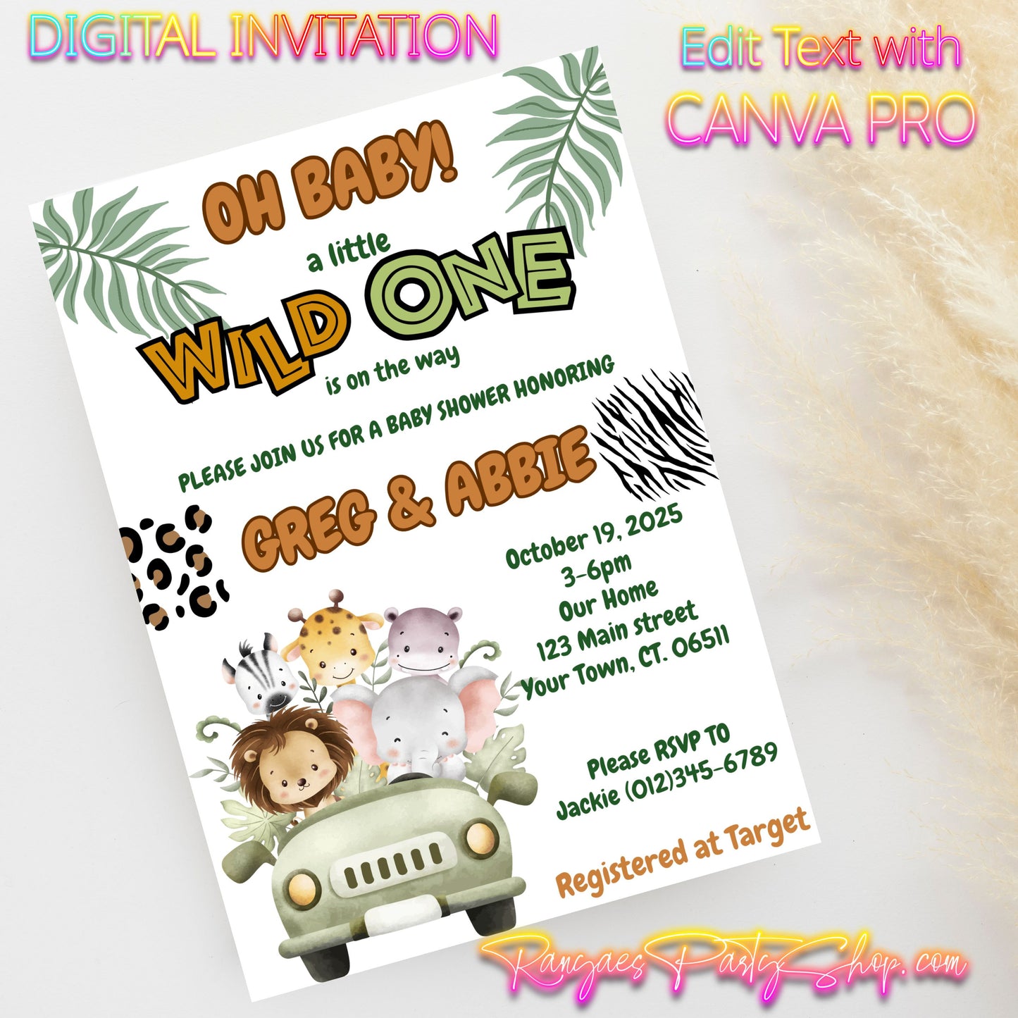 Safari Baby Shower 5x7 Digital Invitation | Safari Baby Shower | Edit Text with CANVA PRO | Digital File Only