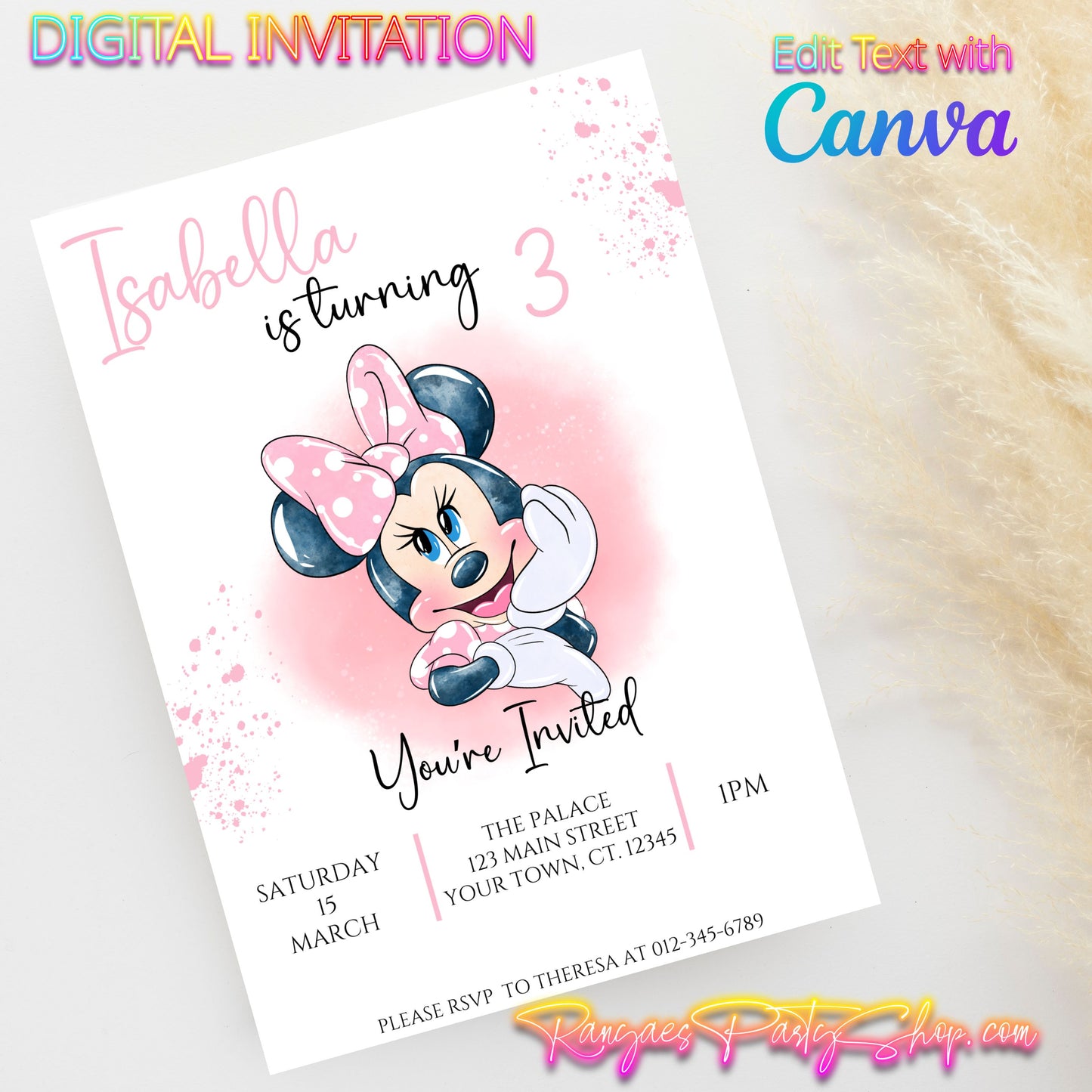 Minnie Watercolor 5x7 Digital Invitation | Minnie Birthday Party Invite | Edit Text with Canva | Birthday Party Invitation | Digital File Only