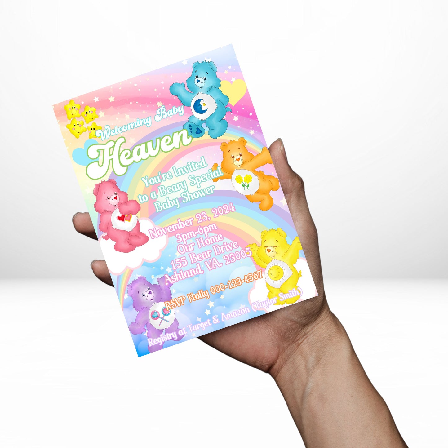 Care Bear Pastel 5x7 Digital Invitation | Care Bears Baby Shower | Care Bears Birthday | Edit Text with Canva | Digital File Only