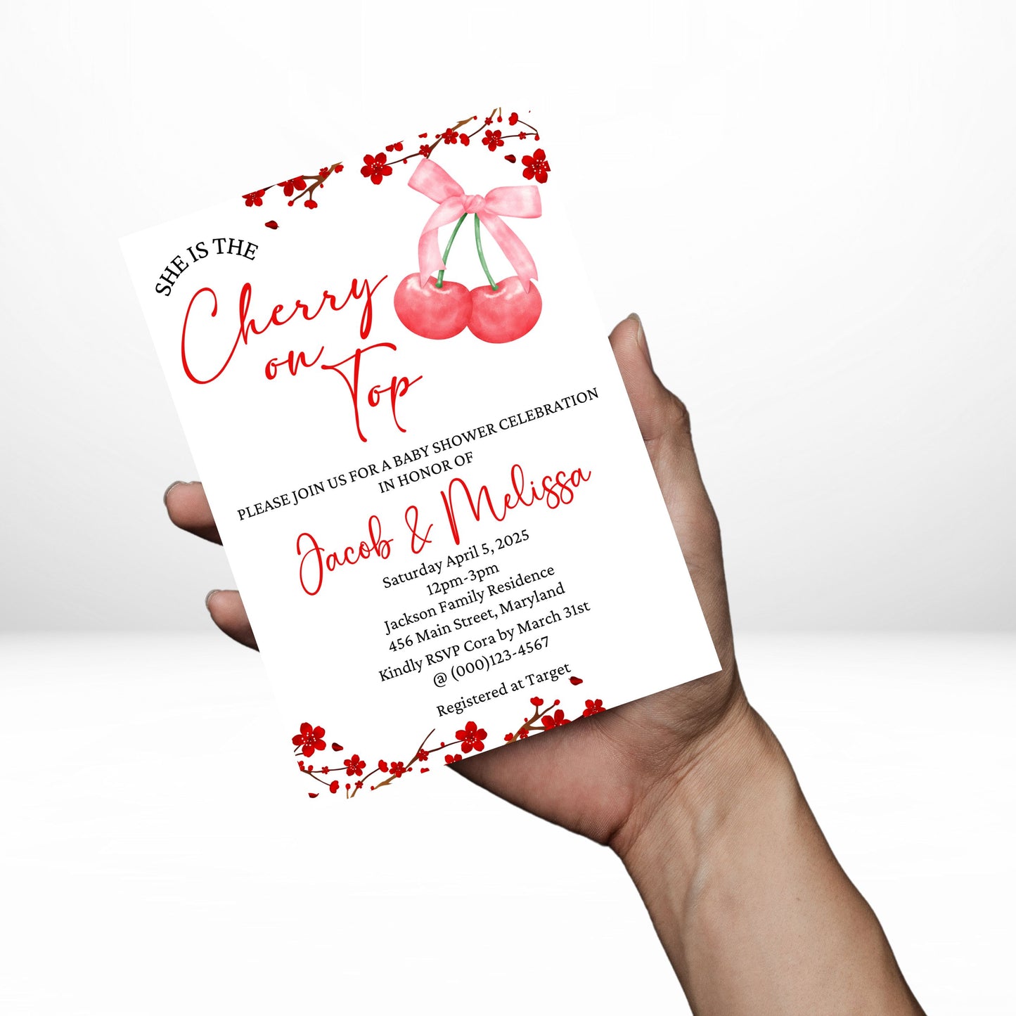 She's the Cherry on Top 5x7 Digital Invitation | Cherry on Top Baby Shower Invite | Edit Text with CANVA PRO | Baby Shower Invitation | Digital File Only