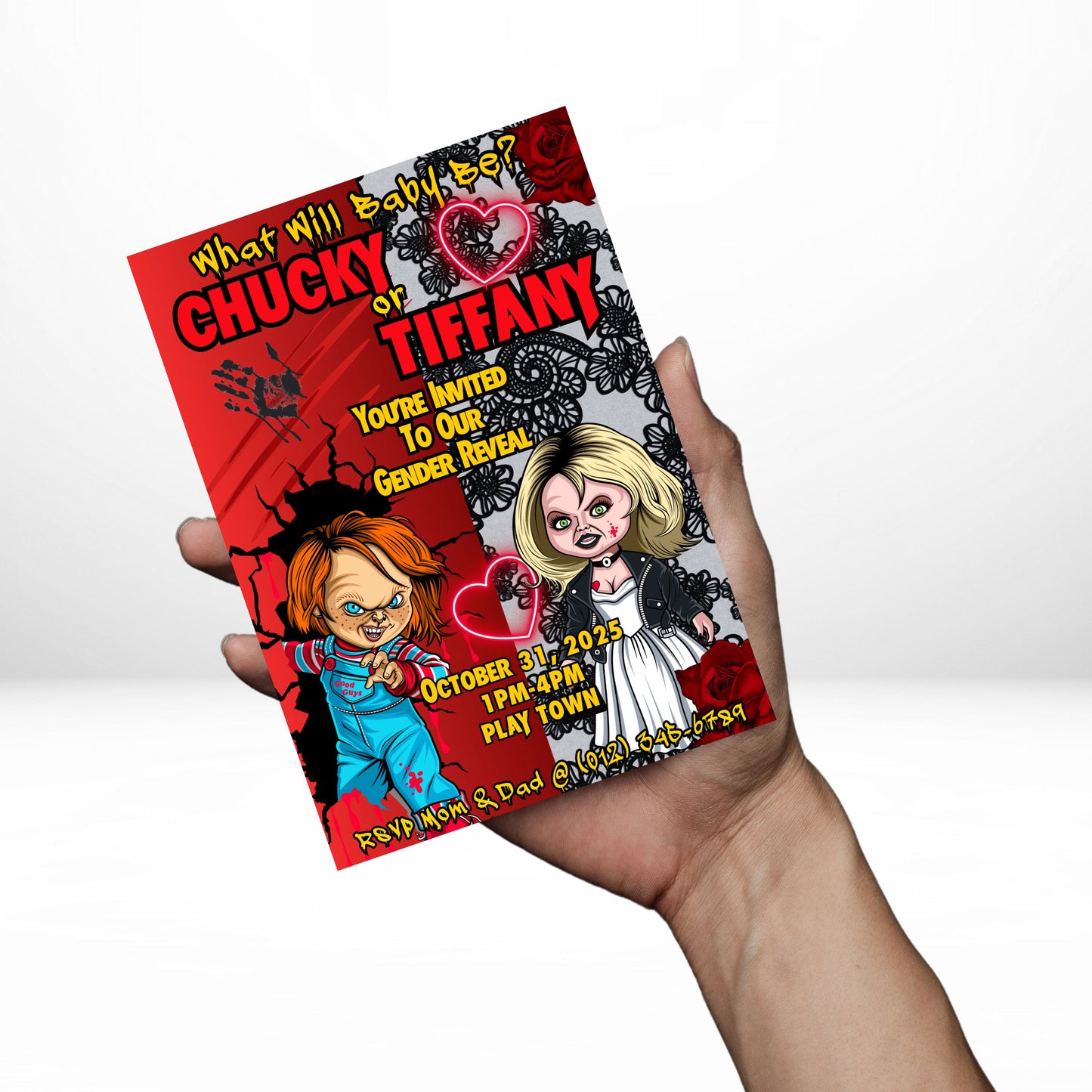 Chucky or Tiffany 5x7 Digital Invitation | Chucky or Tiffany Gender Reveal Invite | Edit Text with CANVA PRO | Digital File Only