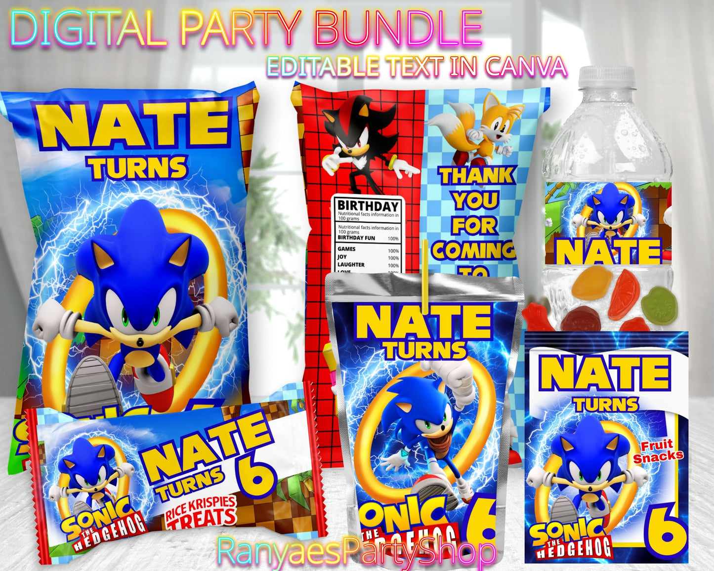 Sonic Digital Party Package | Sonic Party Bundle | Edit Text with Canva | Digital File Only
