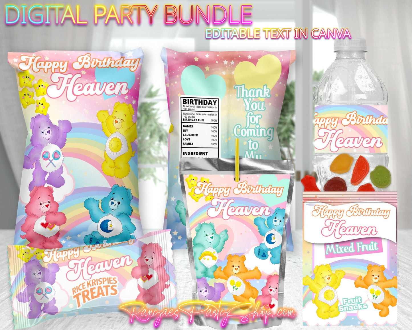 Care Bears Pastel Digital Party Package | Care Bears Party Bundle | Edit Text with Canva | Digital File Only
