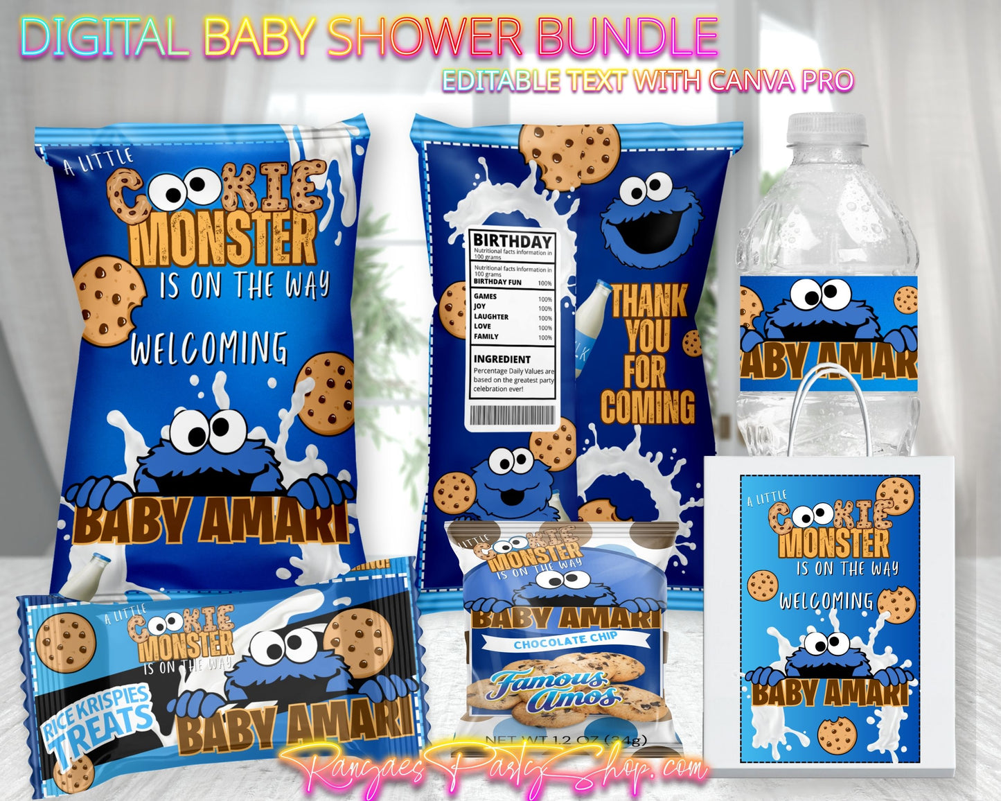Cookie Monster Baby Shower Digital Bundle | Little Cookie On The Way | Edit Text with CANVA PRO | Digital File Only