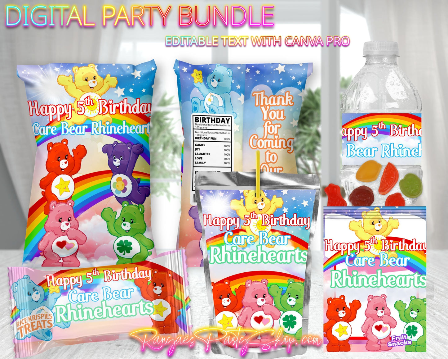 Care Bears Pastel Digital Party Package | Care Bears Party Bundle | Edit Text with CANVA PRO | Digital File Only