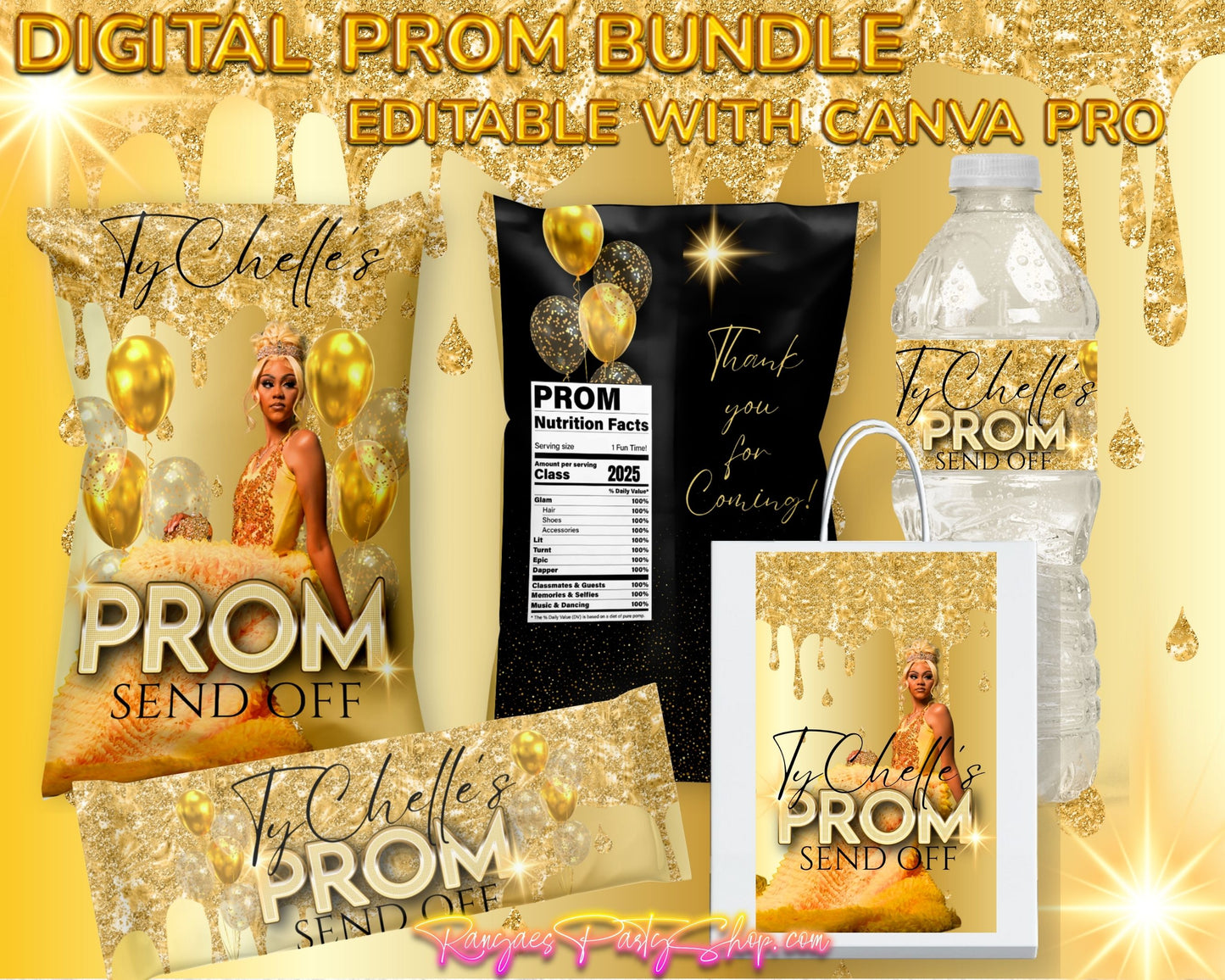 Gold and Black Digital Prom Party Package | Edit Text with CANVA PRO | Prom Send Off | Prom Favor Bundle