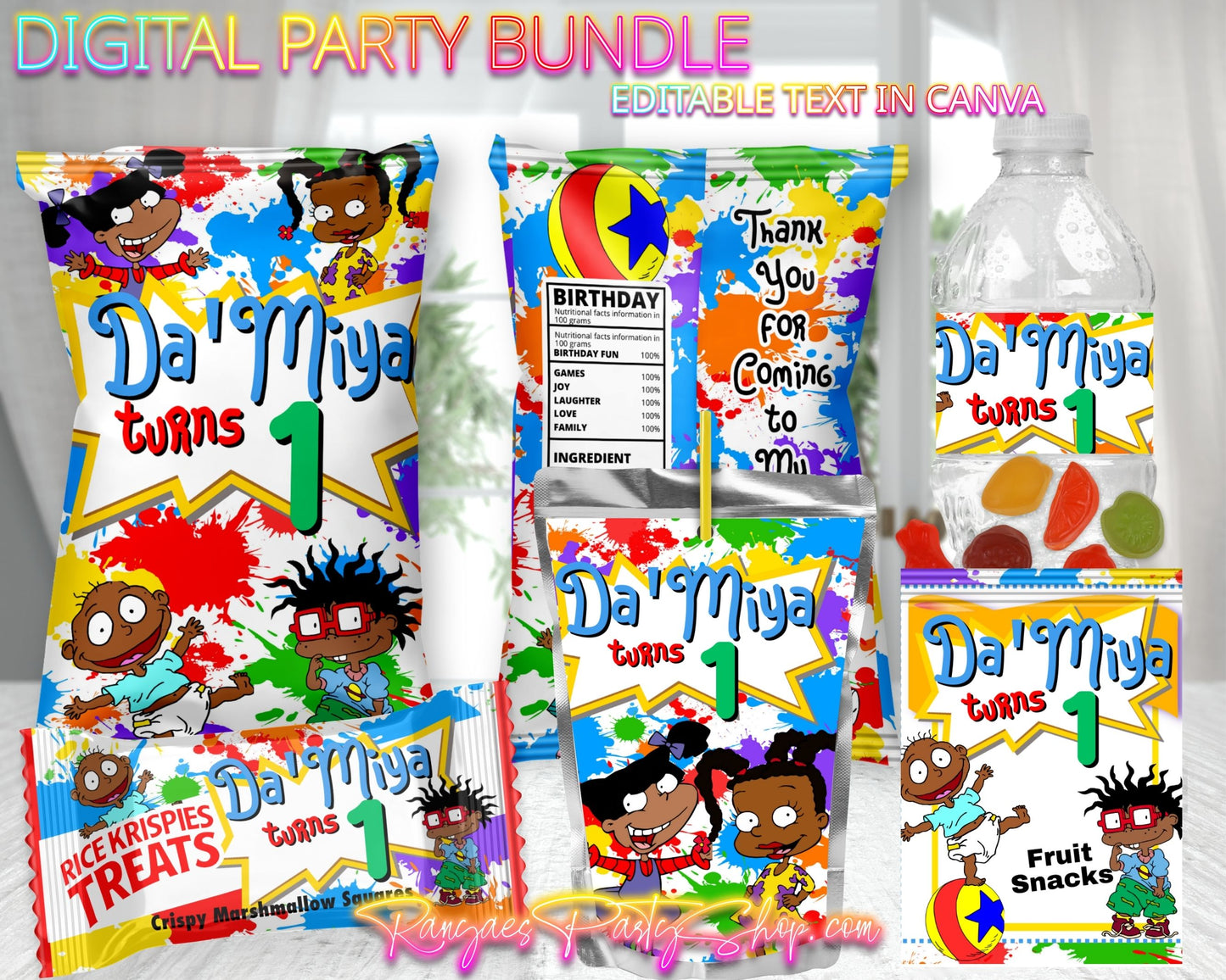 African American Rugrats Digital Party Package | AA Rugrats Birthday Party Bundle | Edit Text with Canva | Digital File Only