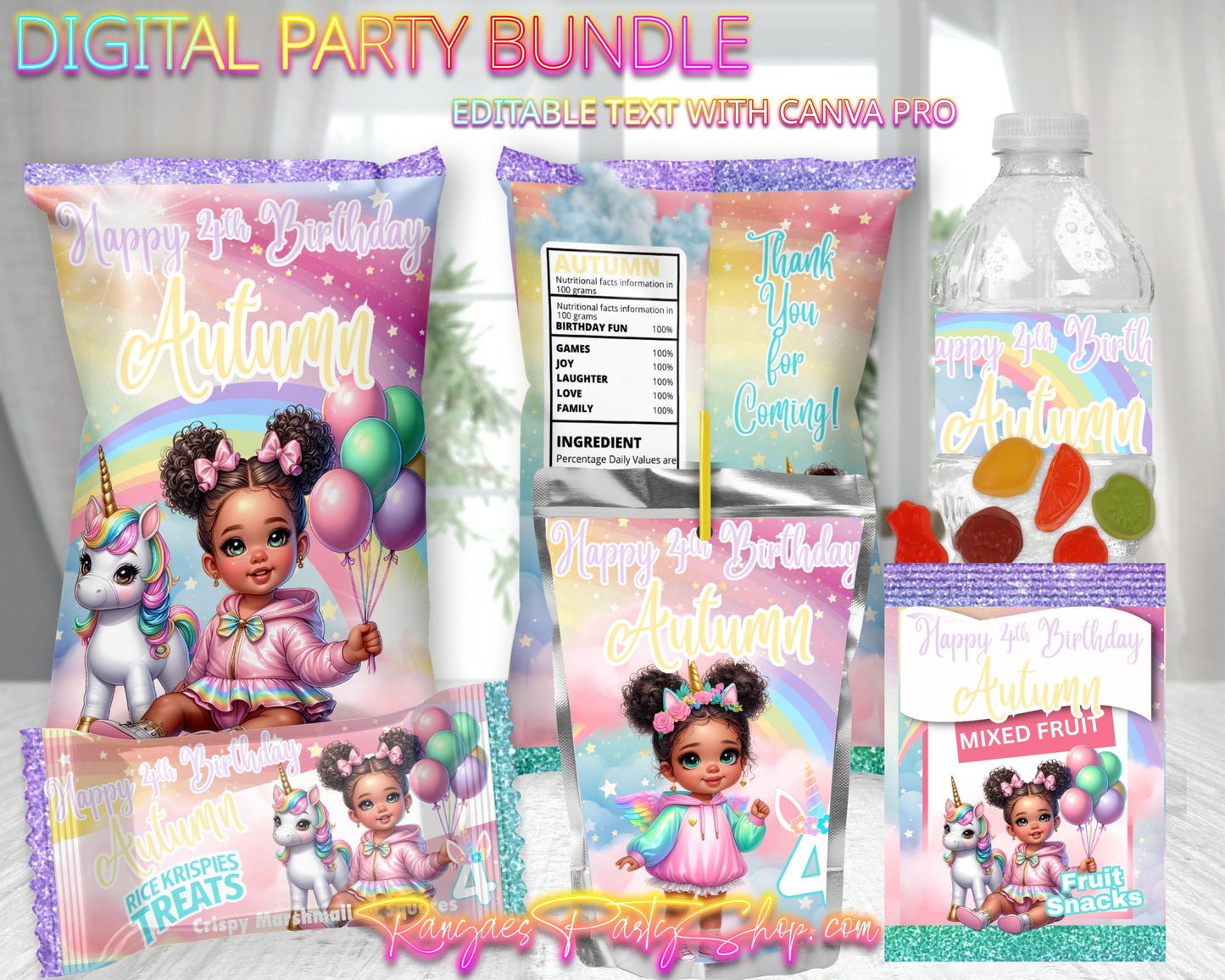 African American Unicorn Digital Party Package | Unicorn Birthday Party Bundle | Edit Text with CANVA PRO | Digital File Only