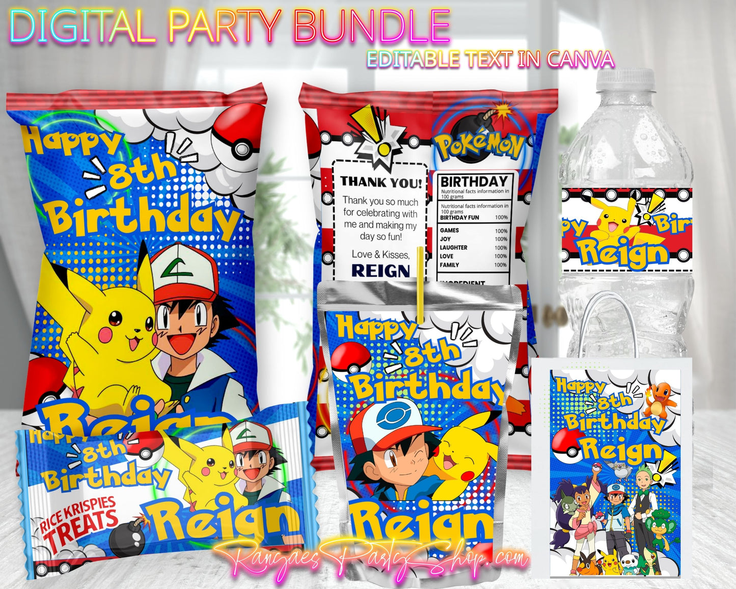 Pokemon Digital Party Package | Pokemon Party Bundle | Edit Text with Canva | Digital File Only