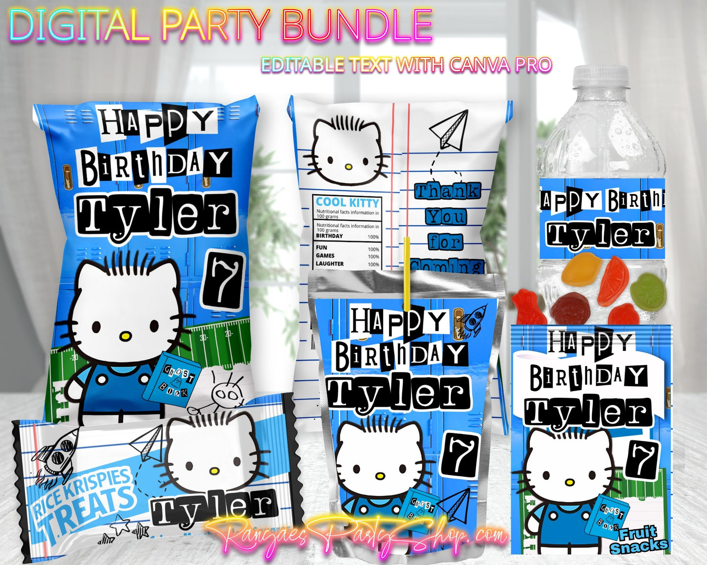 Hello Kitty Meet Mean Girls Digital Party Package | Hello Kitty Mean Cool Dude Birthday Party Bundle | Edit Text with CANVA PRO | Digital File Only