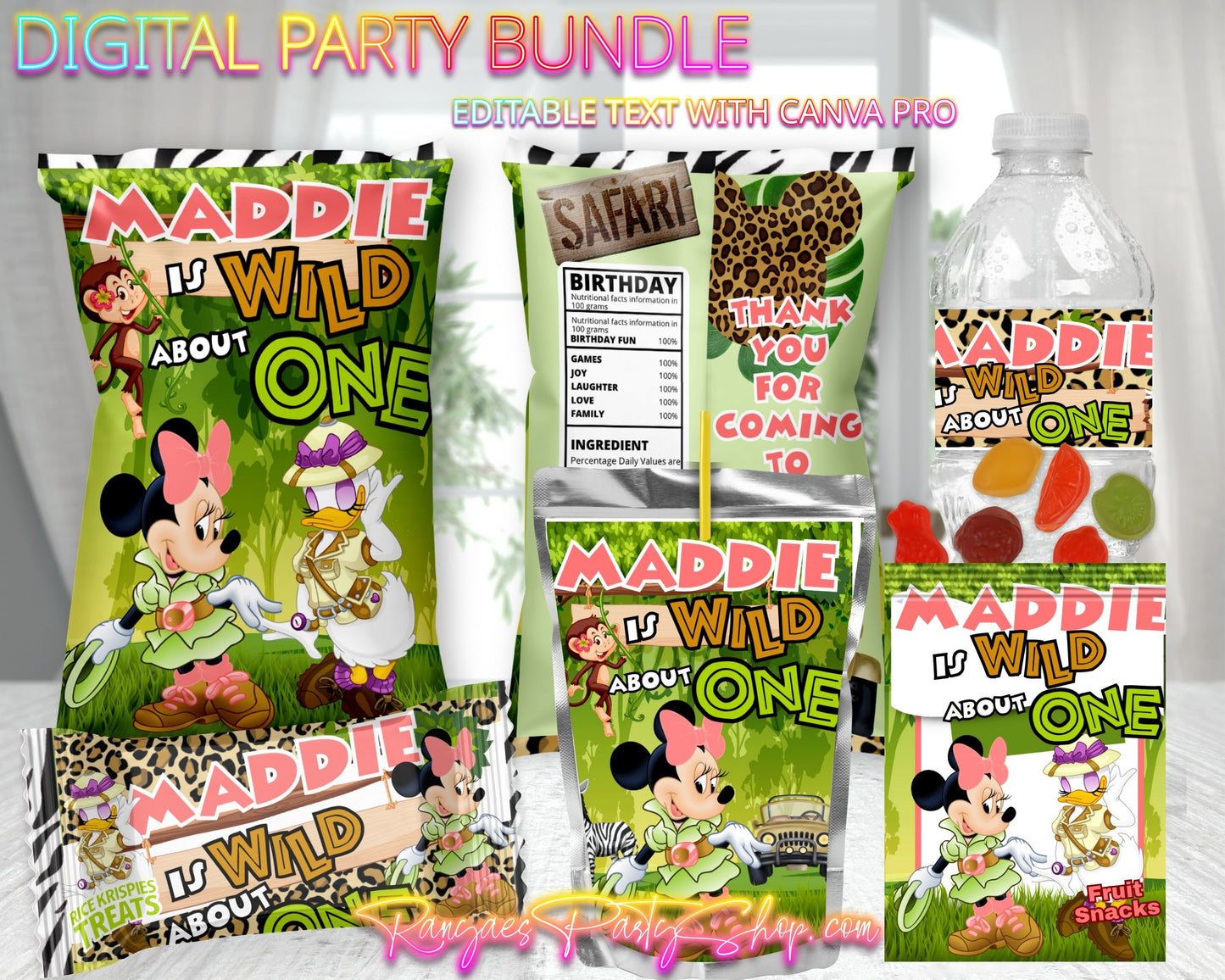 Minnie Safari Digital Party Package | Minnie Safari Birthday Party Bundle | Edit Text with CANVA PRO | Digital File Only