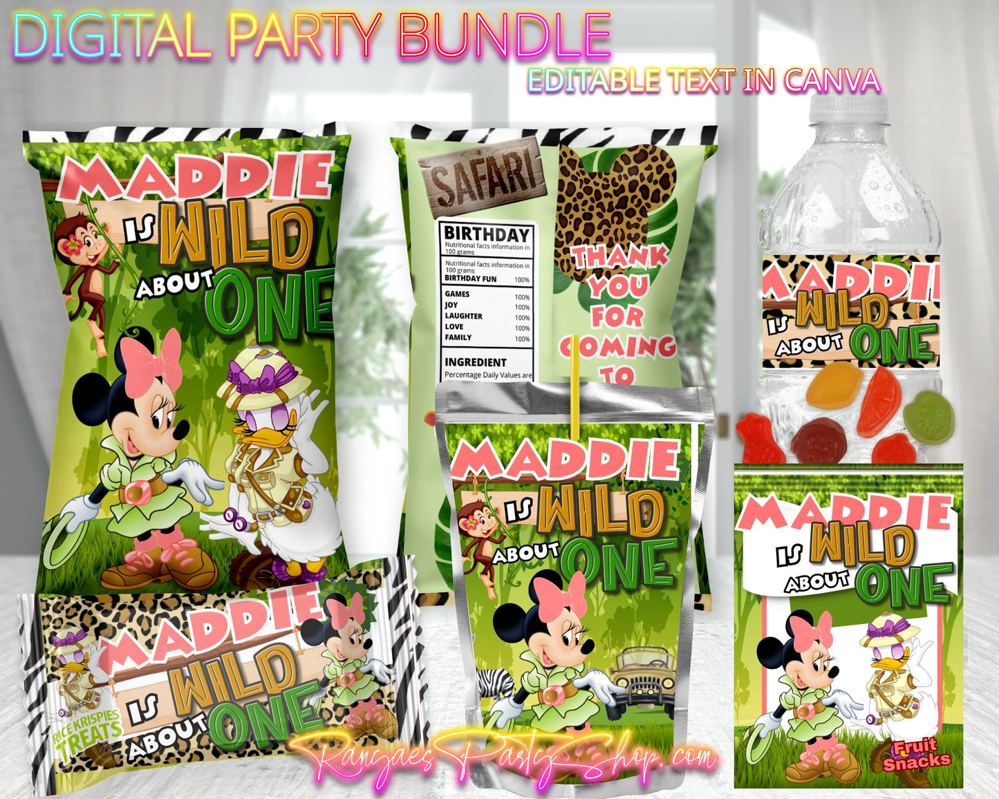 Minnie Safari Digital Party Package | Minnie Safari Birthday Party Bundle | Edit Text with Canva | Digital File Only