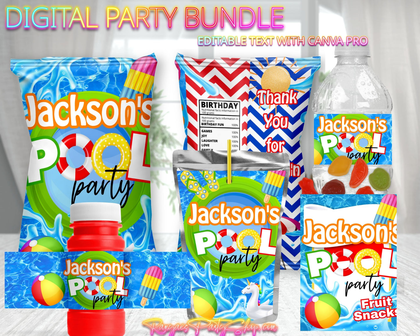Pool Party Digital Party Package | Pool Birthday Party Bundle | Edit Text with CANVA PRO | Digital File Only