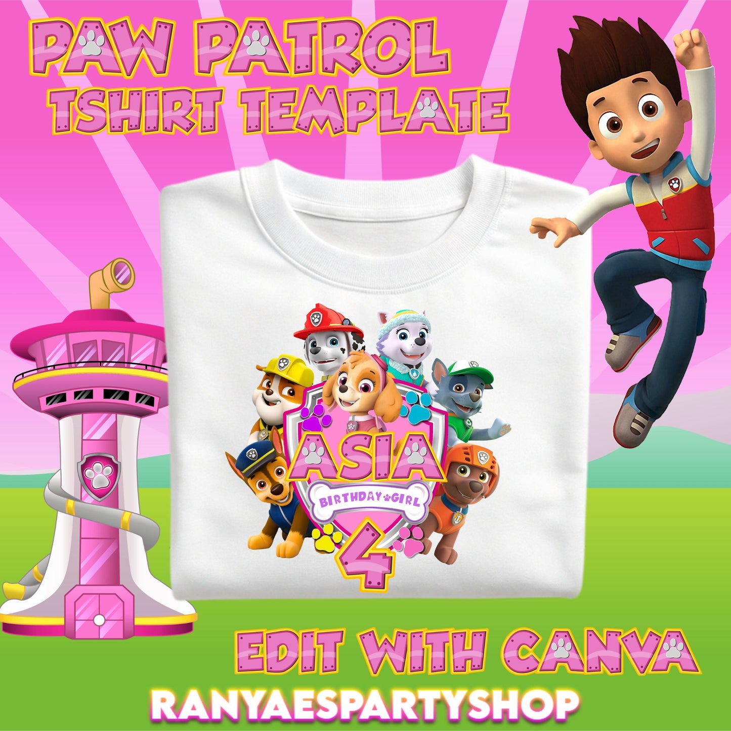 Paw Patrol Girl Birthday T-Shirt Template | Paw Patrol Girl Birthday Shirt | Editable with CANVA | Digital File Only