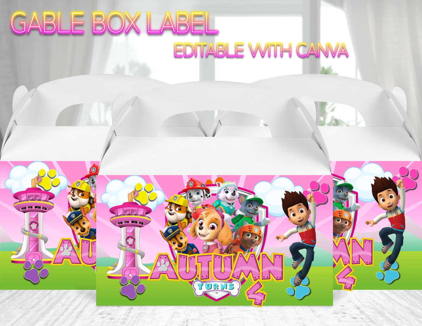 Paw Patrol Girl Gable Box Label | Paw Patrol Favor Box Label | Edit Text with CANVA | Digital File