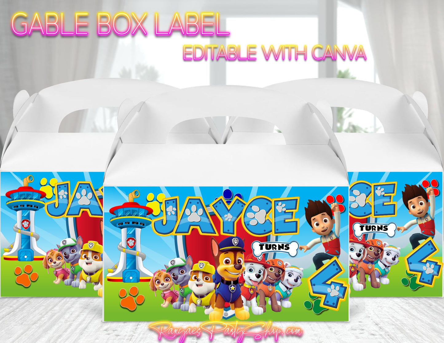 Paw Patrol Gable Box Label | Paw Patrol Favor Box Label | Edit Text with CANVA | Digital File