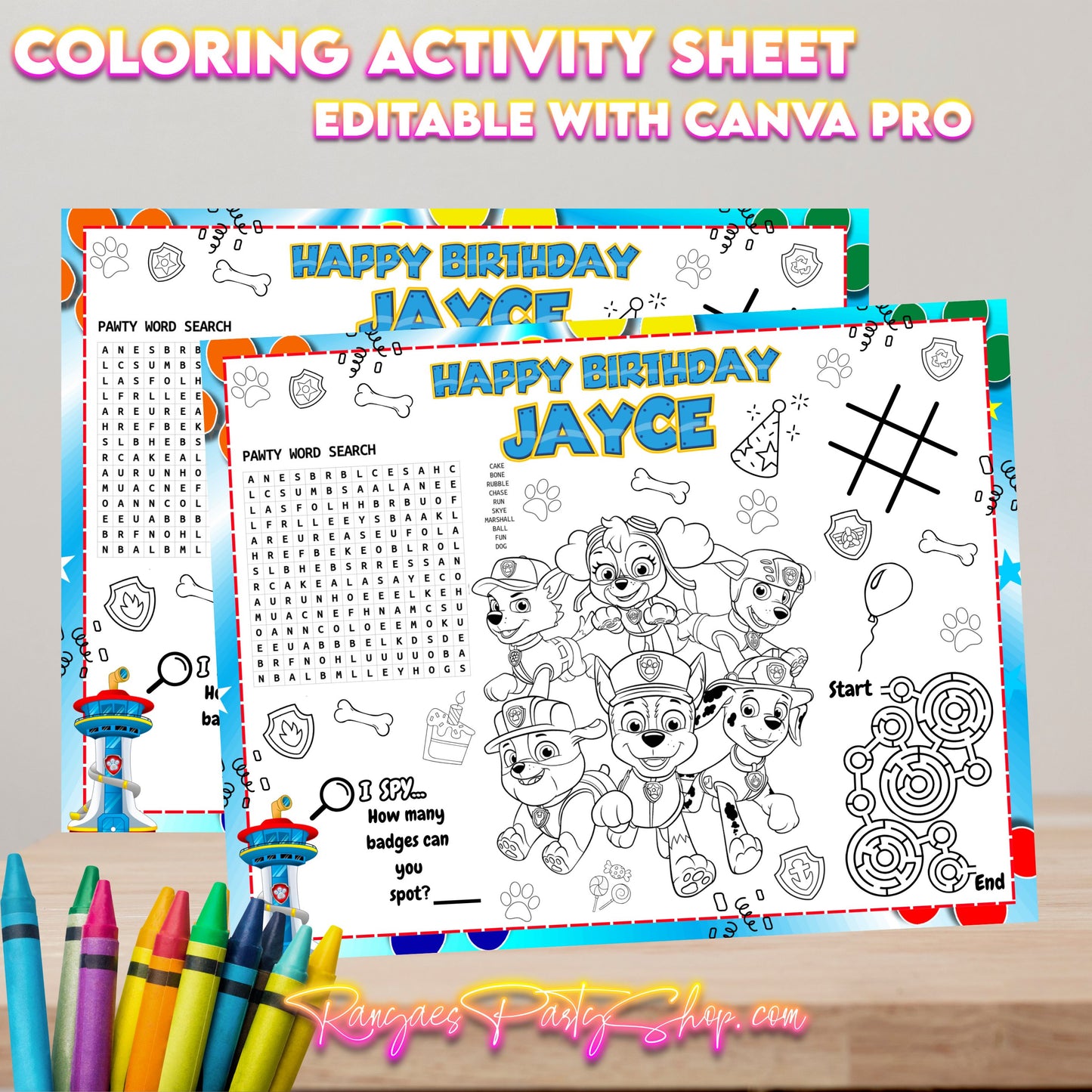 Paw Patrol Activity Coloring Sheet | Edit with CANVA PRO | Paw Patrol Party | Kids Coloring Activity Sheet