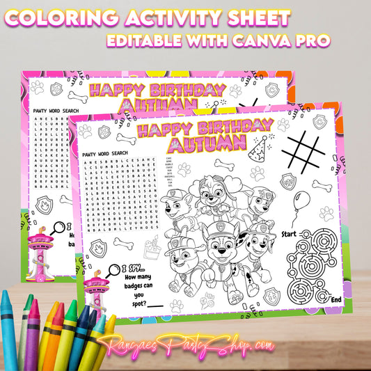 Paw Patrol Girl Activity Coloring Sheet | Edit with CANVA PRO | Paw Patrol Party | Kids Coloring Activity Sheet