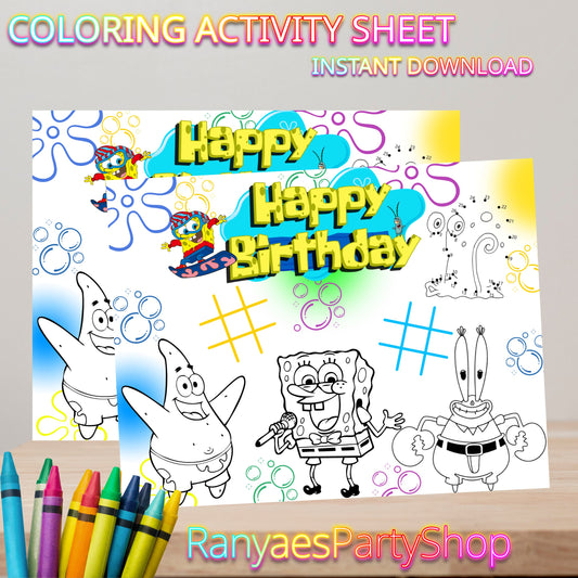 SpongeBob Coloring Sheet | Coloring Party Activity Sheet | SpongeBob Party | Kids Coloring Sheet | Instant Download