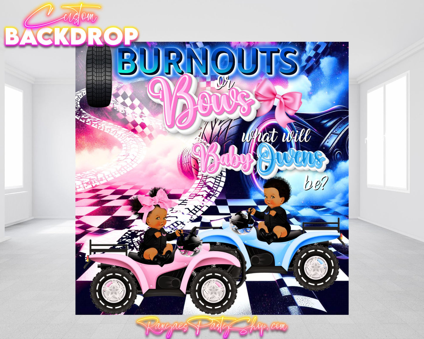 Burnouts or Bows Gender Reveal Backdrop | Gender Reveal Banner | Gender Reveal Backdrop | Gender Reveal Decorations