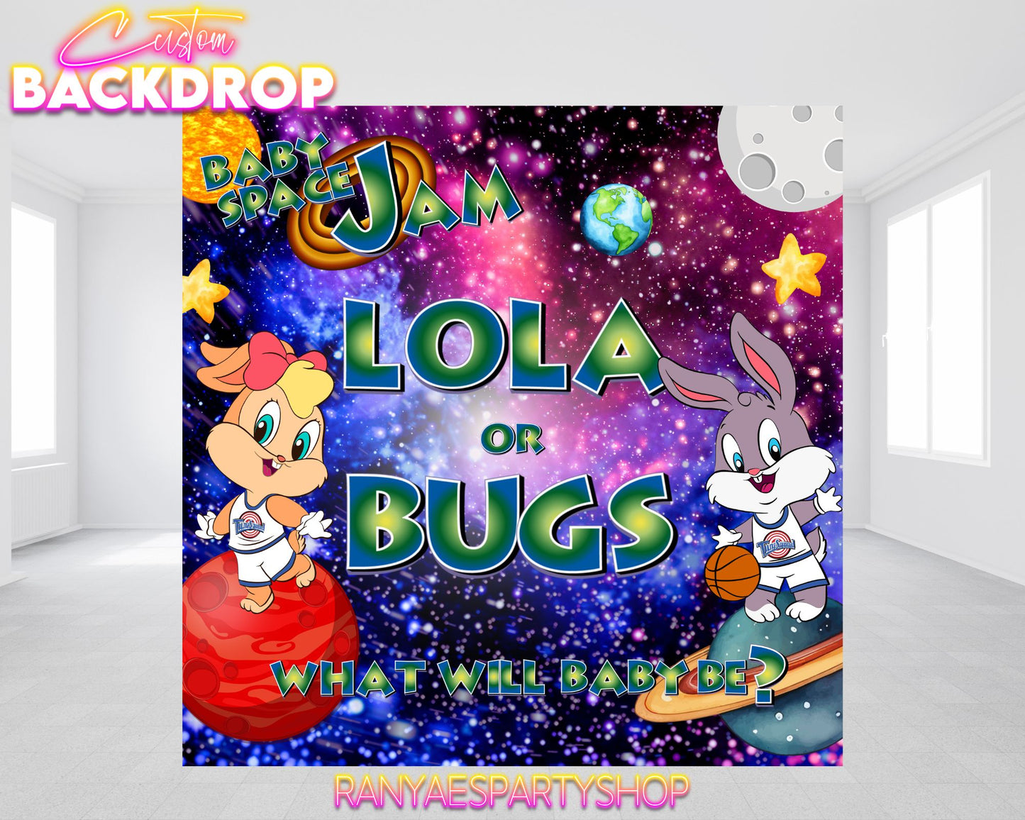 Lola or Bugs Space Jam Gender Reveal Backdrop | Gender Reveal Backdrop | Lola or Bugs Gender Reveal