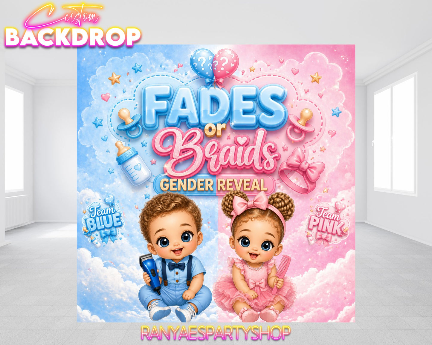Fades or Braids Gender Reveal Backdrop | Fades or Braids Gender Reveal | Gender Reveal Backdrop | Gender Reveal Decorations