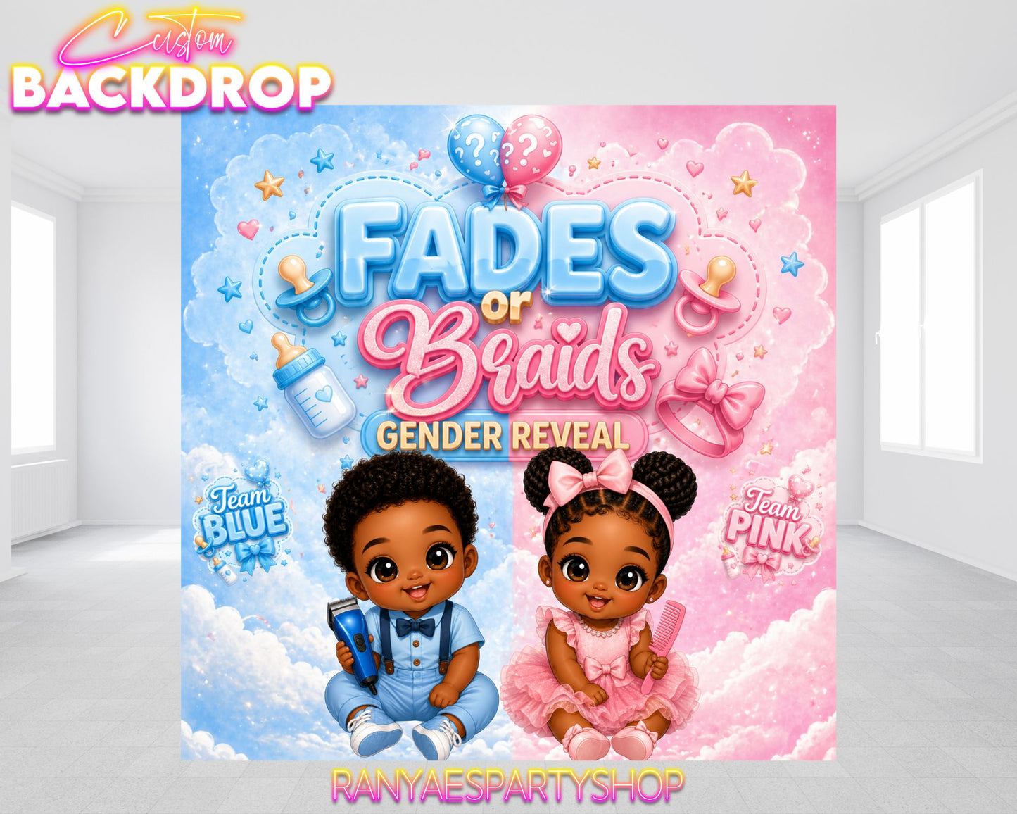 Fades or Braids Gender Reveal Backdrop | Fades or Braids Gender Reveal | Gender Reveal Backdrop | Gender Reveal Decorations