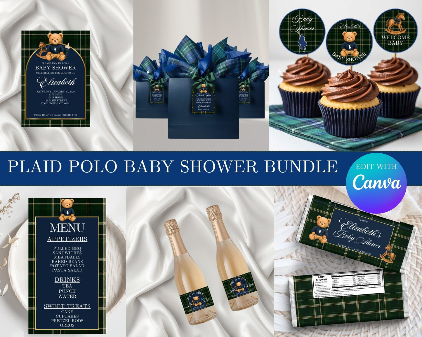 Plaid Polo Baby Shower MEGA Bundle | Edit Text with Canva | Plaid Polo Baby Shower Favor Bundle | Digital Files