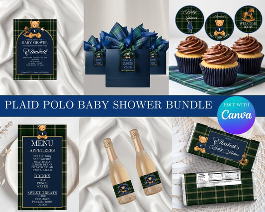 Plaid Polo Baby Shower MEGA Bundle | Edit Text with Canva | Plaid Polo Baby Shower Favor Bundle | Digital Files