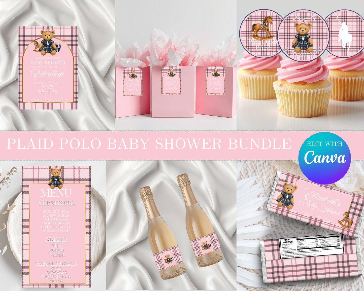 Plaid Polo Pink Baby Shower MEGA Bundle | Edit Text with Canva | Plaid Polo Pink Baby Shower Favor Bundle | Digital Files