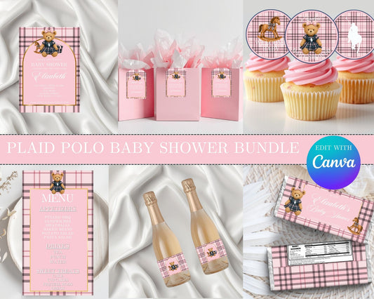 Plaid Polo Pink Baby Shower MEGA Bundle | Edit Text with Canva | Plaid Polo Pink Baby Shower Favor Bundle | Digital Files